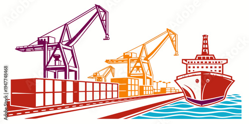 A cargo ship and cranes at a port facility Vector