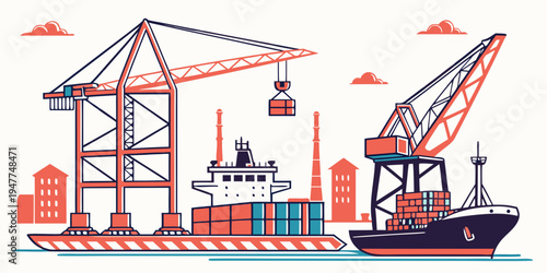 A cargo ship with cranes and containers on the dock Vector