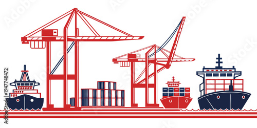 A cargo ship and cranes at a shipping port Vector