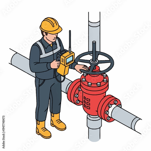 Worker inspecting a valve on a pipeline with a handheld device.