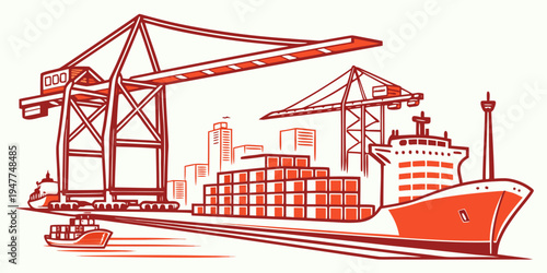 A large cargo ship docked at a port with cranes Vector