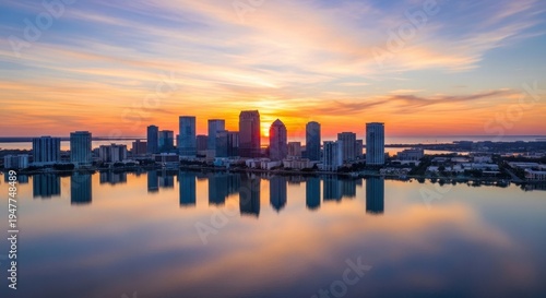 Stunning Tampa Florida Skyline Reflected at Sunset.