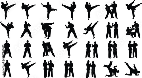 Martial arts silhouette collection, karate and taekwondo fighters performing kicks, sparring and combat poses, flat vector illustration isolated background