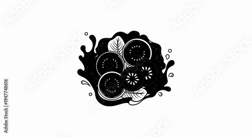 Sliced fruit in dark liquid splash with leaves and droplets