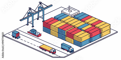 A cargo port with shipping containers and cranes Vector