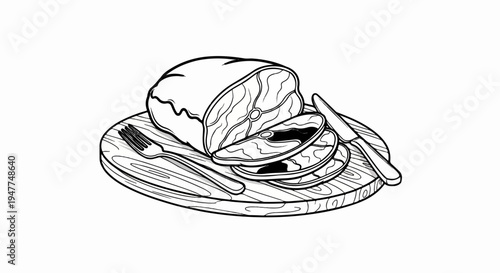 Sliced fish on a wooden board with fork and knife