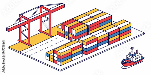 A cargo ship and containers on a dock with a crane Vector