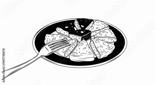 Sliced pancakes arranged on a plate, topped with sauce, a fork rests on one