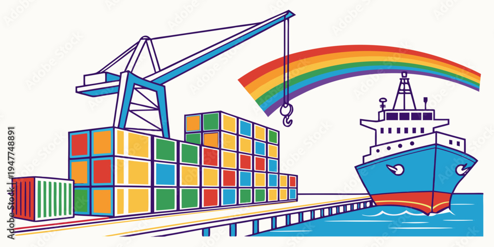 Naklejka premium A cargo ship and crane loading colorful shipping containers under a rainbow Vector