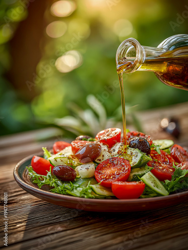 Fresh salad featuring cherry tomatoes, cucumbers, and mixed greens, with olive oil being poured, set on a wooden table in a sunny outdoor environment