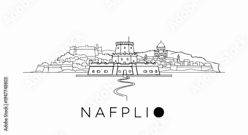 Stylized line art of a historic coastal city skyline featuring a fortress