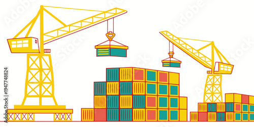 A crane lifts containers at a shipping yard Vector
