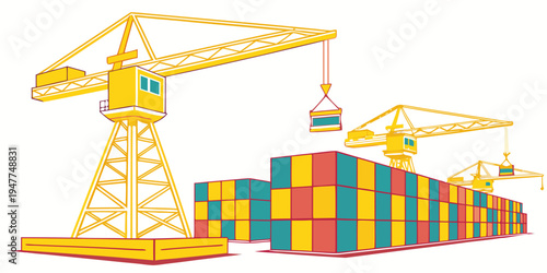 A crane is lifting a container onto a cargo ship Vector