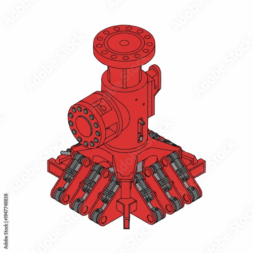 Red industrial drilling equipment with multiple articulated arms and a central flange connection, likely for oil and gas extraction.