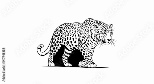 Stylized black and white illustration of a stalking leopard with spotted fur