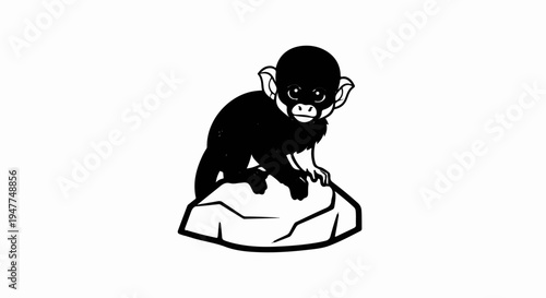 Small monkey with large eyes sits on a rock, black and white illustration