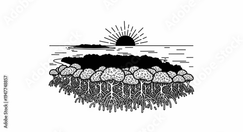Stylized drawing of a mangrove forest at sunrise over calm water