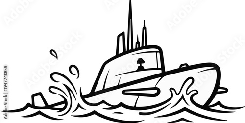 Stylized black and white illustration of a submarine surfacing through waves