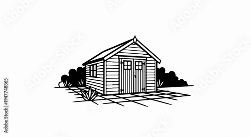 Small wooden shed with double doors and a window surrounded by bushes and foliage