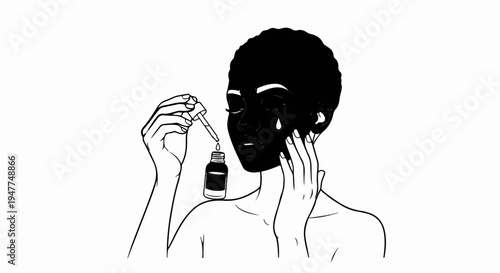 Stylized line art of a person applying skincare serum with a dropper