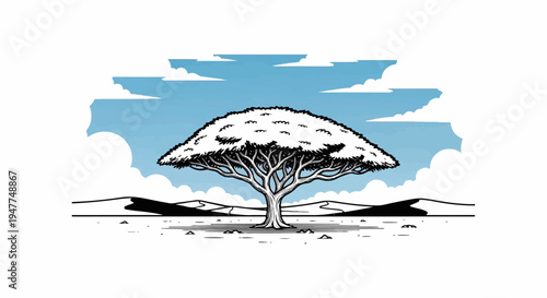 Stylized drawing of a lone acacia tree in a desert landscape under a cloudy sky