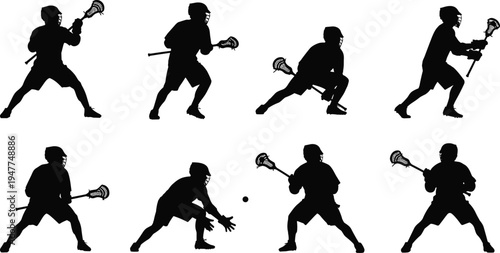 Men lacrosse players silhouettes set, male athletes action poses with sticks black vector illustration isolated