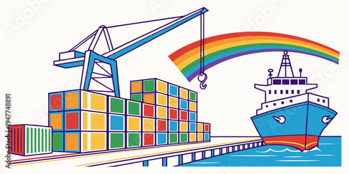 A cargo ship and crane loading colorful shipping containers under a rainbow Vector