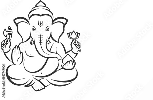 Stylized line art of a seated elephant-headed deity holding a lotus and axe