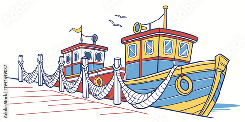 A colorful fishing boat with nets on the side Vector