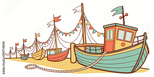 A cartoon boat sitting on the beach with other boats in the background Vector