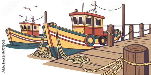 Two boats are docked at a pier with a fence Vector