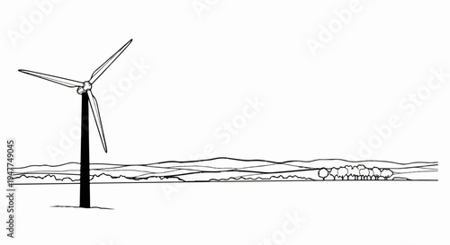 Stylized line art of a single wind turbine against a distant horizon