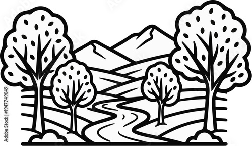 Stylized line art of a scenic landscape with trees and mountains