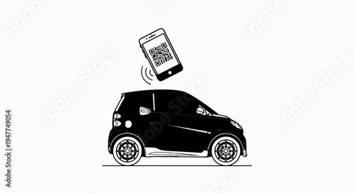 Smartphone displays QR code hovering over a small, black automobile