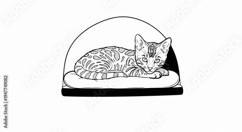 Stylized line art of a spotted cat resting in a curved enclosure