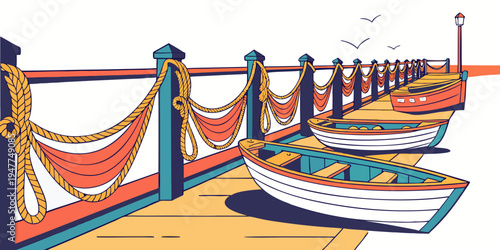 A small white boat sitting on a dock Vector