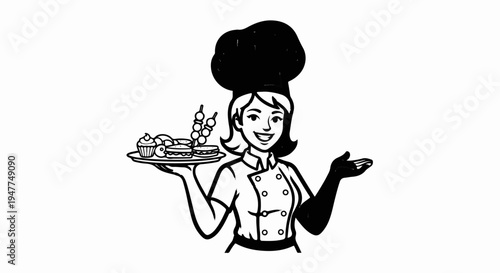 Smiling chef in uniform presents platter of food including burgers, cupcakes, and skewers