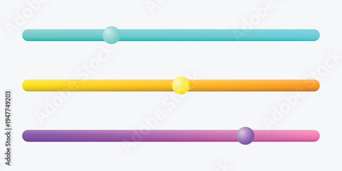 A colorful graphic design featuring three horizontal gradient bars with spheres