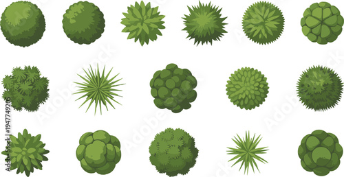 Collection of top view green trees and bushes for landscape design, garden planning, and architectural site plans isolated on white background vector style set