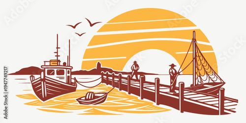 A dock with boats and a sunset in the background Vector