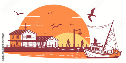 A boat is docked near a house at sunset Vector