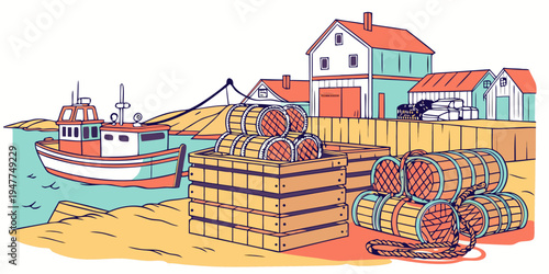 A colorful illustration of a beach scene with a boat and a fishing net Vector