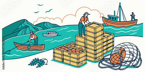 Fisherman with crates and catch on the shore Vector