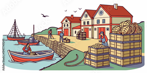 A harbor scene with boats and buildings Vector