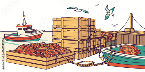 Fishing boats and crates of seafood on the dock Vector