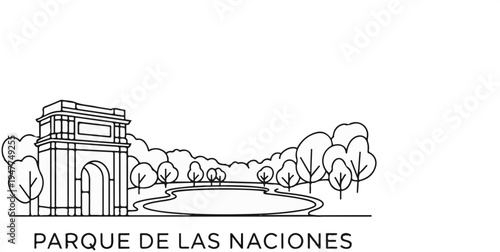 Stylized line art of a triumphal arch, pond, and trees, with text below