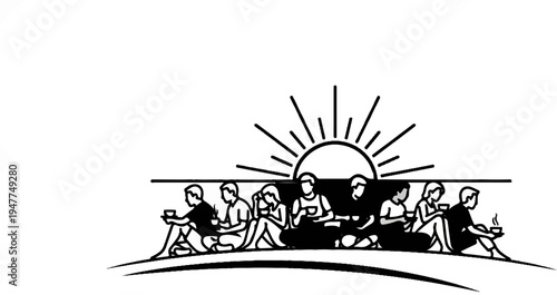 Stylized line art of diverse people sitting under a radiating sun