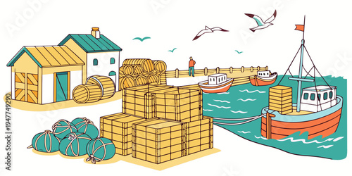 Fishing boat and warehouse with stacks of crates by the sea Vector