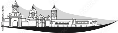 Stylized line art silhouette of historic buildings with domes and arches