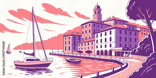 A purple and pink illustration of a harbor with buildings and boats Vector
